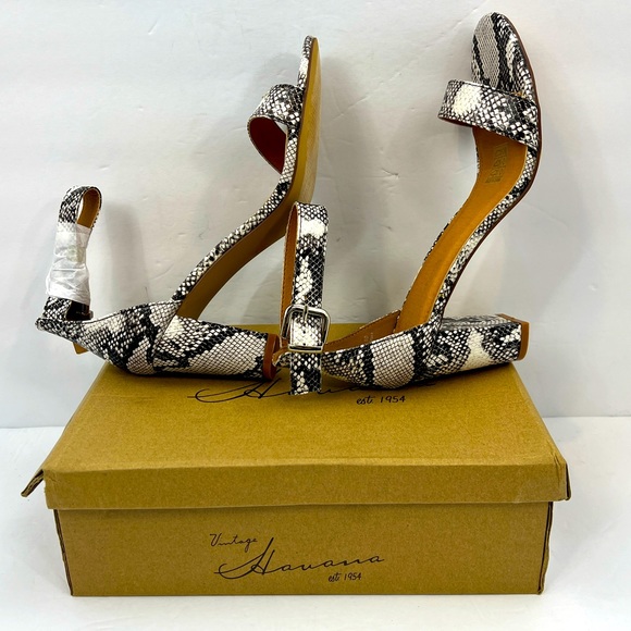 VINTAGE HAVANA,BLACK & WHITE SNAKE PRINT OPEN TOE MIDTOP, ADJUSTABLE ANKLE LOOP - Picture 5 of 15